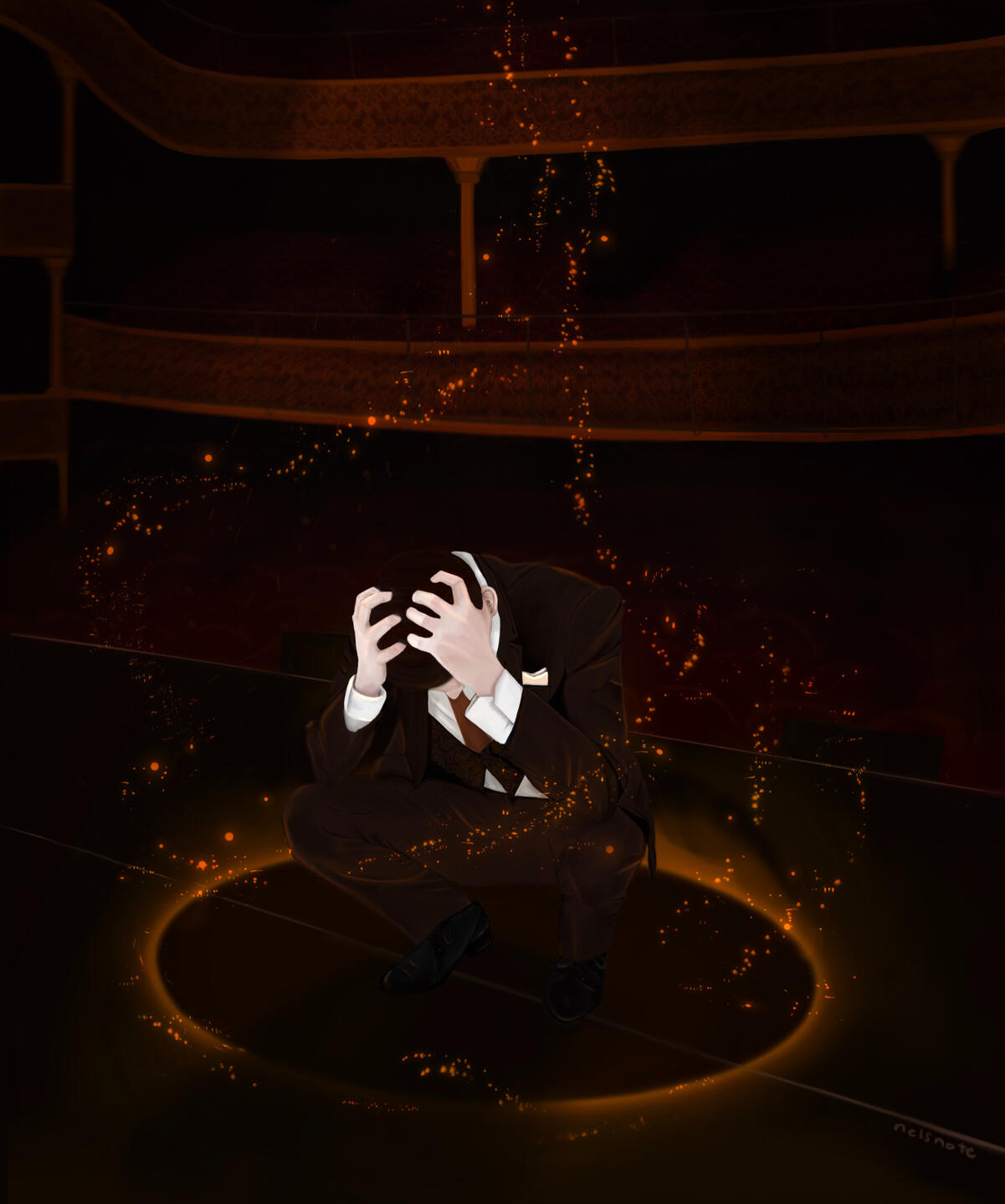 Theater A man crouching in a theater. Around him, a glowing portal is sending up flecks of magic.