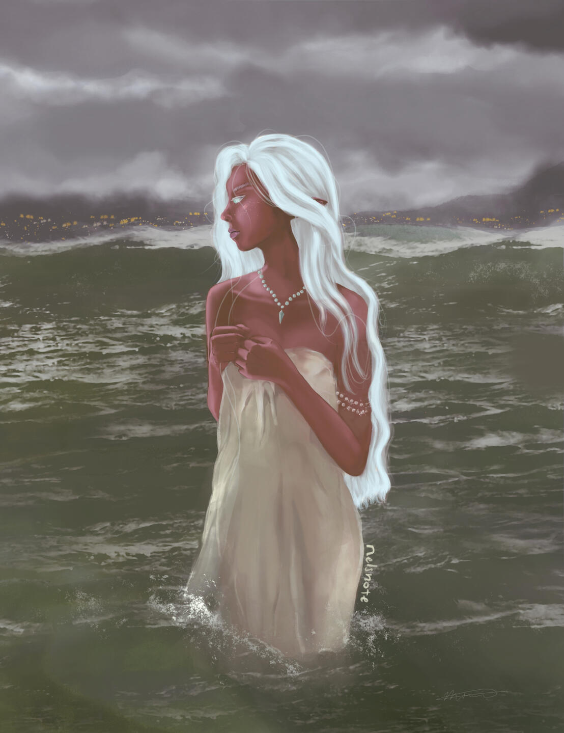 Elf An elfish fantasy woman standing in the ocean. she has darker skin and pale white hair, and white eyes.