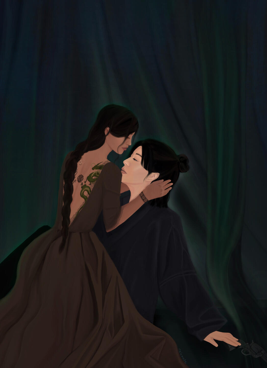 Couple A romantic artwork with a woman sitting on top of a man's lap. The woman has tattoos of dragons on her back. The man is reaching towards a gun.