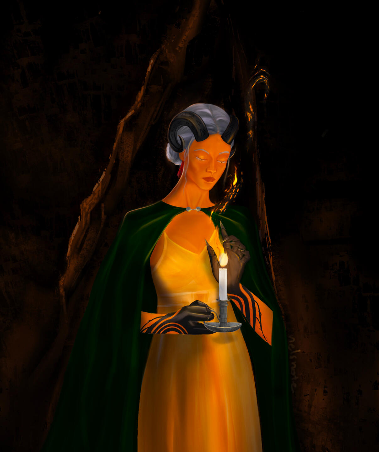 A fantasy comm A woman with orange skin, gray hair pulled back in a gray bun, and horns. She is wearing a yellow dress and a gray cape. She's holding a candle and manipulating magic.