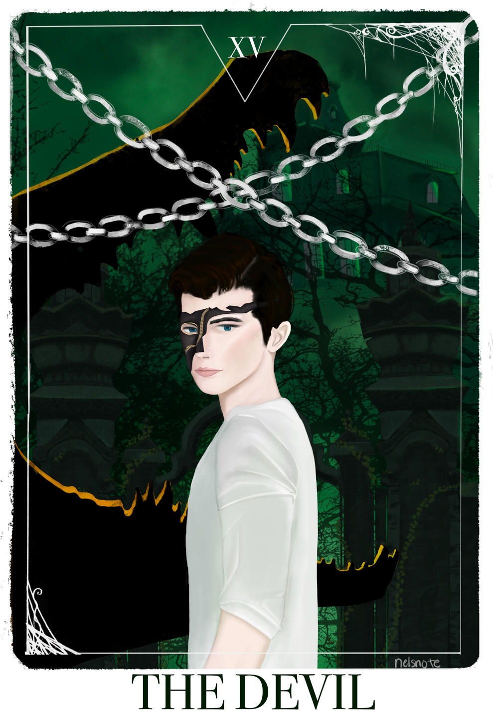 The Devil An art piece done in the style of a devil tarot card, of a young boy with a mask on his face. In the background which is done in shades of green is a mansion.