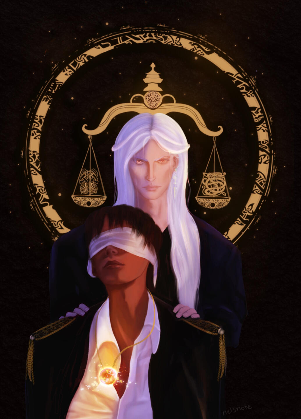 Fantasy Two men Portrait Two men. the man in the front is sitting down and is blindfolded, wearing a necklace that is glowing and hovering. Behind him is a man with long white hair with his hands on his shoulders.